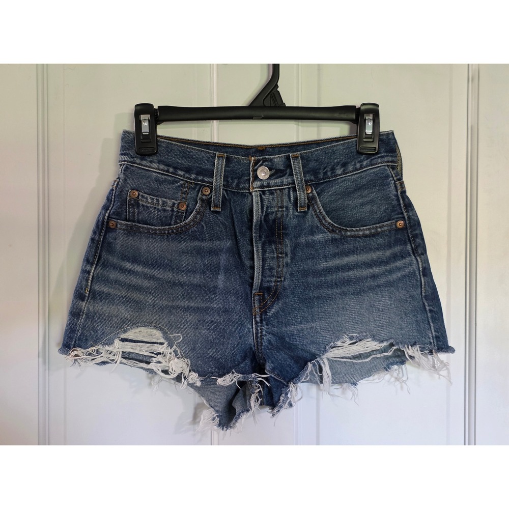 Levis 501 Original High Rise Distressed Denim Shorts Medium Wash Blue W24 90s